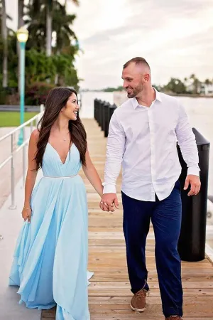 Promfast Thigh Split Sky Blue Rustic Wedding Dresses Beach Wedding Gown with Court Train PFW0572