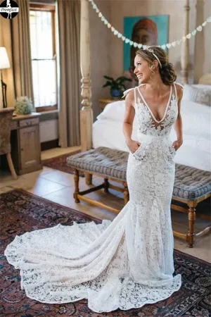 Promfast V-Neck Ruched Backless Lace Pockets Mermaid White Wedding Dress PFW0511