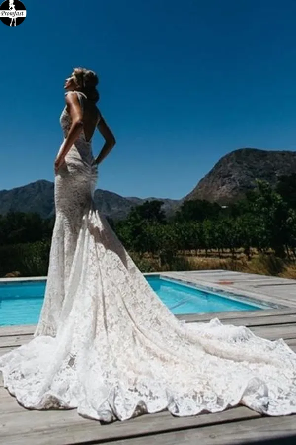 Promfast V-Neck Ruched Backless Lace Pockets Mermaid White Wedding Dress PFW0511