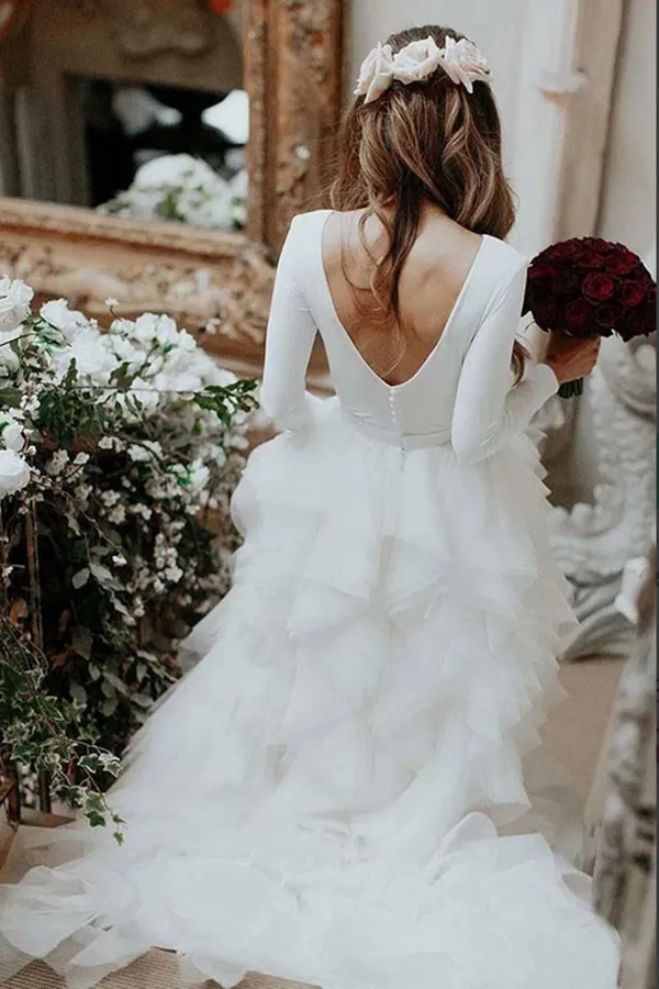 Promfast White A line Tulle Bateau Long Sleeves Court Train Wedding Dresses PFW0577