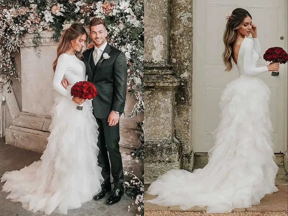 Promfast White A line Tulle Bateau Long Sleeves Court Train Wedding Dresses PFW0577