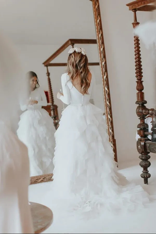 Promfast White A line Tulle Bateau Long Sleeves Court Train Wedding Dresses PFW0577