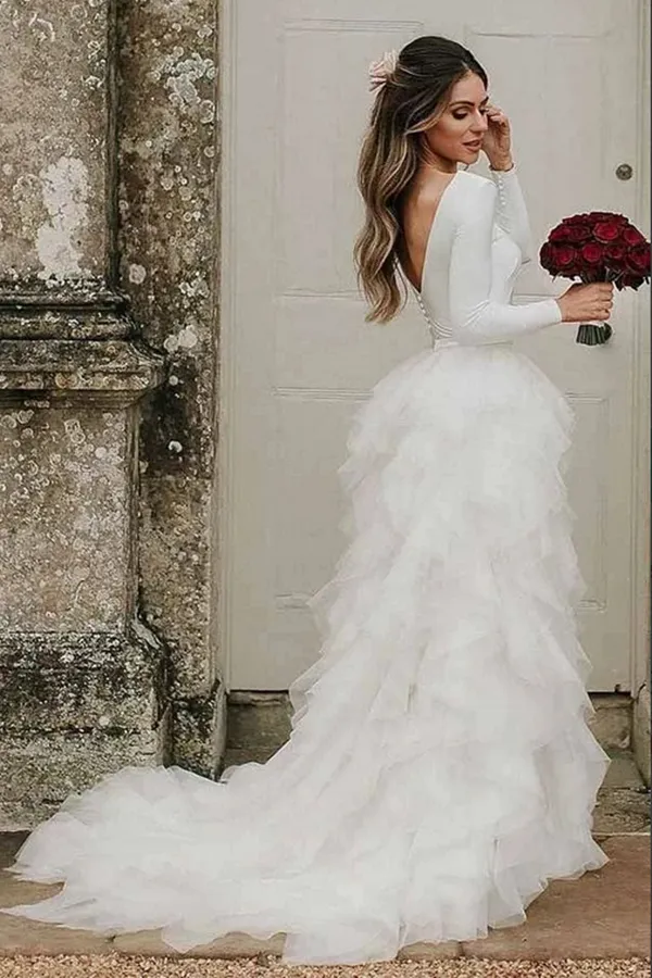 Promfast White A line Tulle Bateau Long Sleeves Court Train Wedding Dresses PFW0577