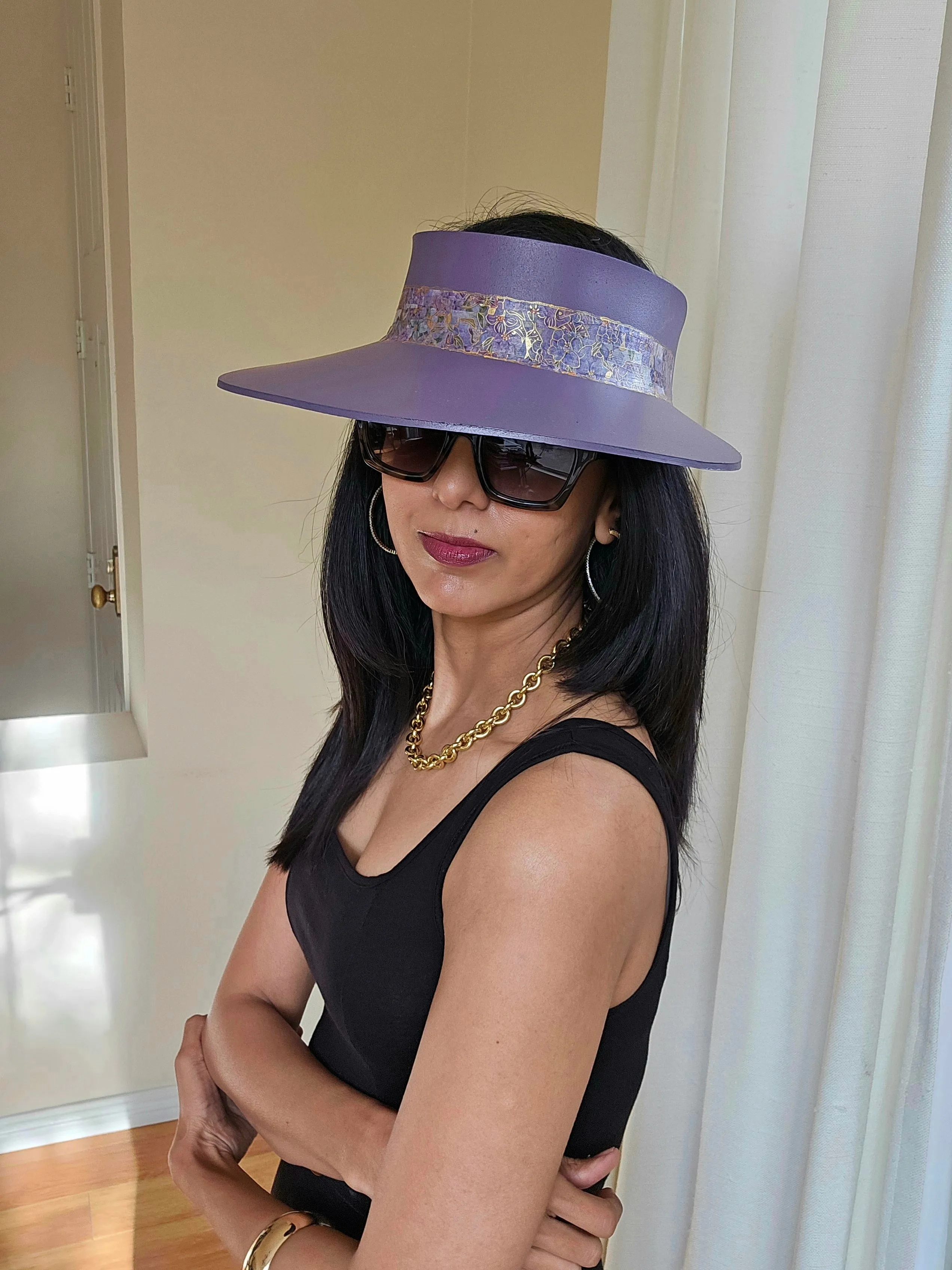 Purple "LadyEVA" Visor Hat with Golden Floral Band