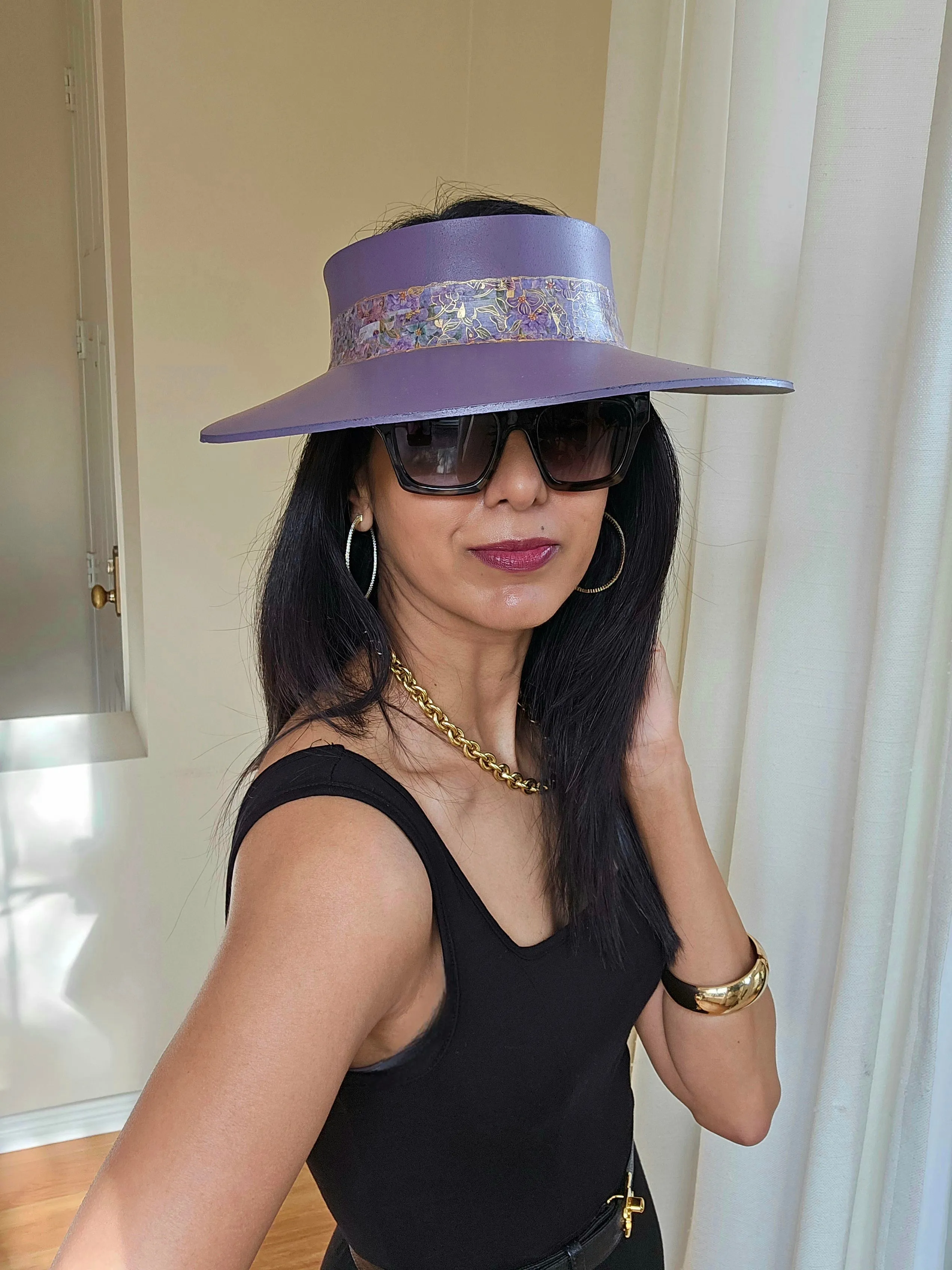 Purple "LadyEVA" Visor Hat with Golden Floral Band