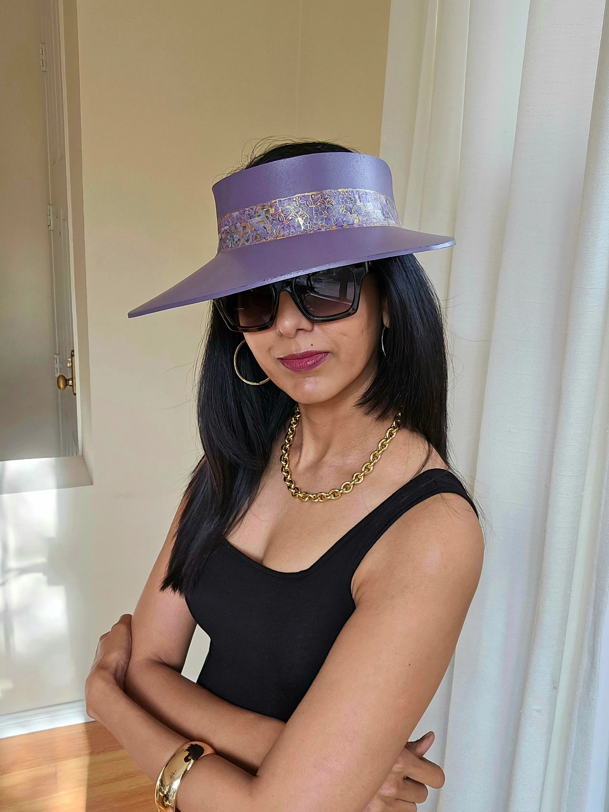 Purple "LadyEVA" Visor Hat with Golden Floral Band