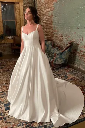 Simple Wide Straps Court Train Ivory Wedding Gown with Pockets TN329