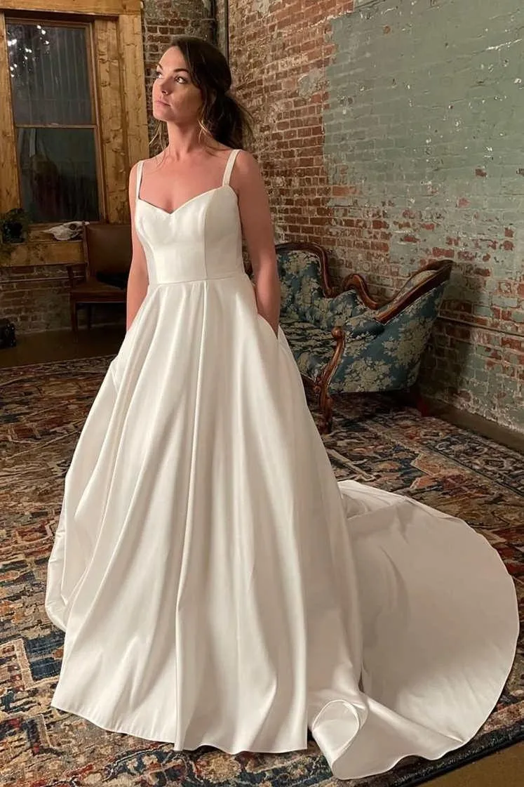 Simple Wide Straps Court Train Ivory Wedding Gown with Pockets TN329