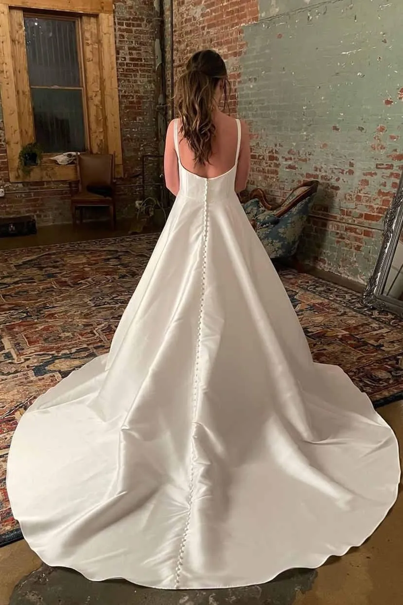 Simple Wide Straps Court Train Ivory Wedding Gown with Pockets TN329