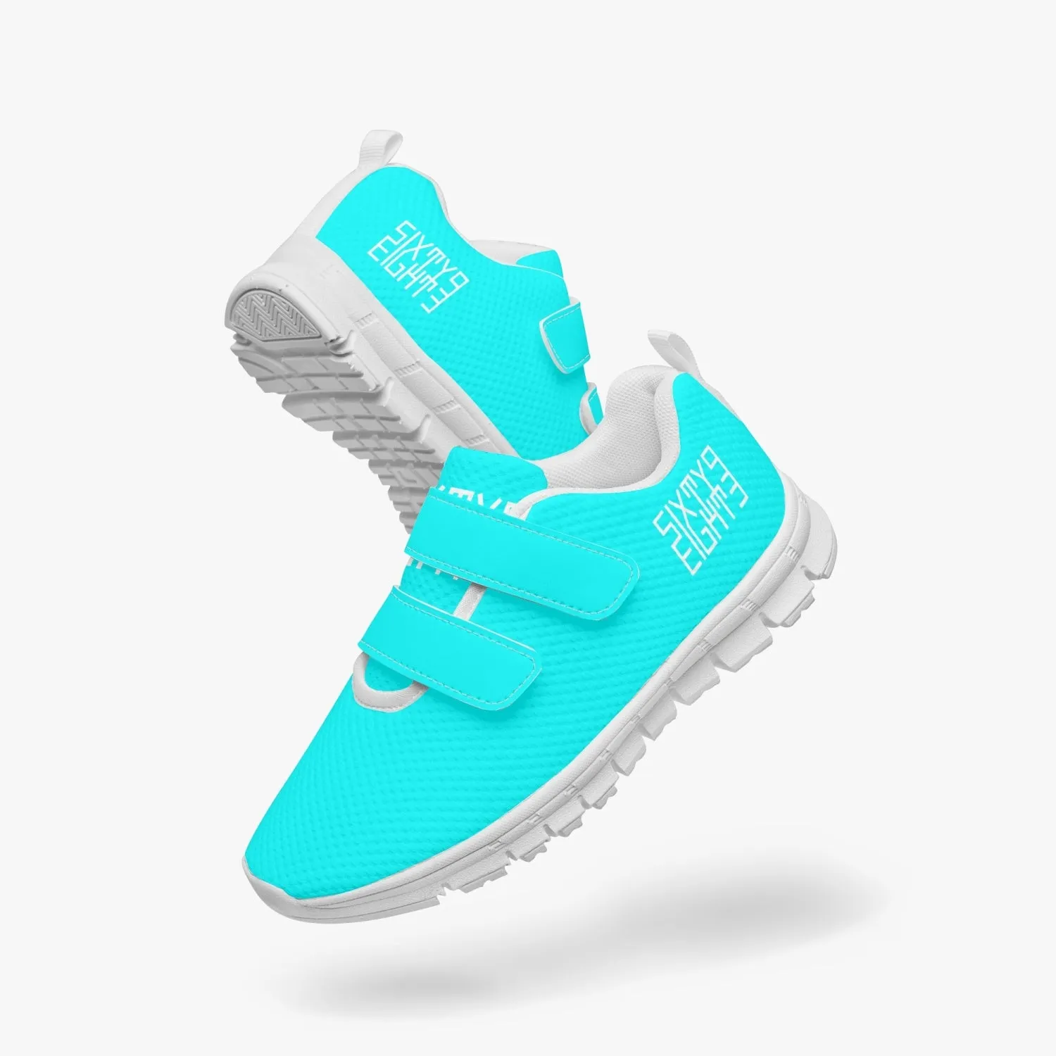 Sixty Eight 93 Logo White Aqua Blue Kids Lightweight Velcro Shoe