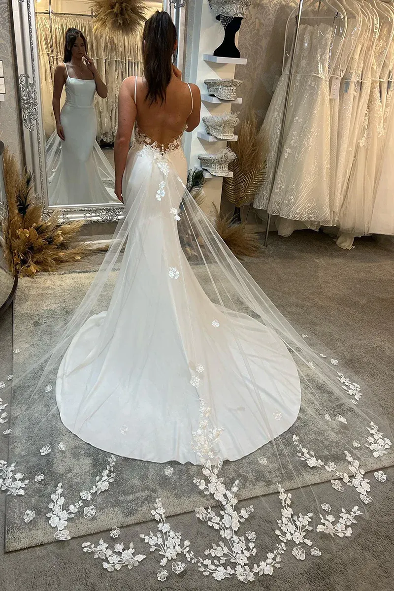Spaghetti Straps Lace Beach Mermaid Court Train Wedding Dress Bridal Gown TN364