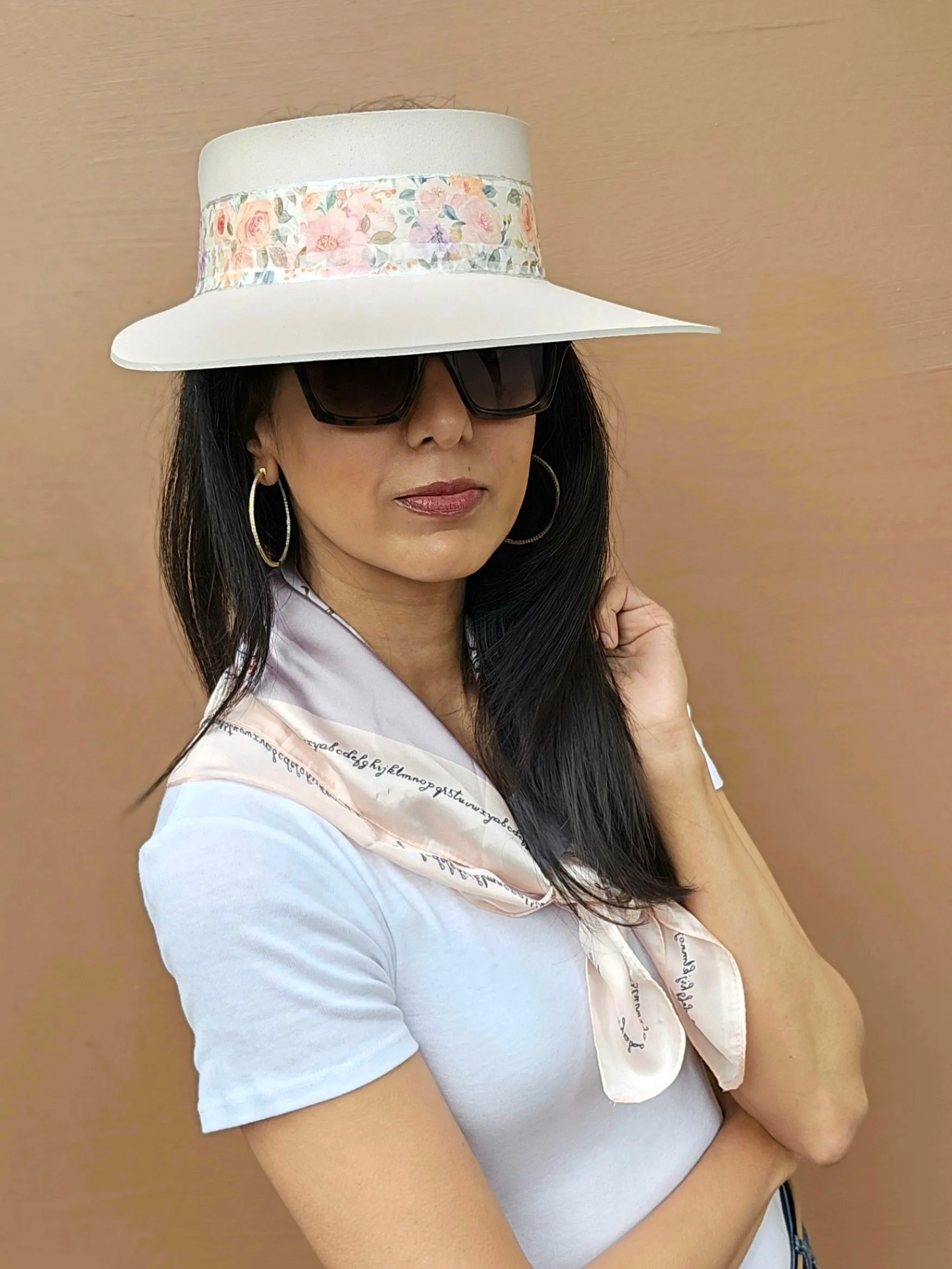 Tall Light Pink "LadyEVA" Visor Hat with Bold Floral Band