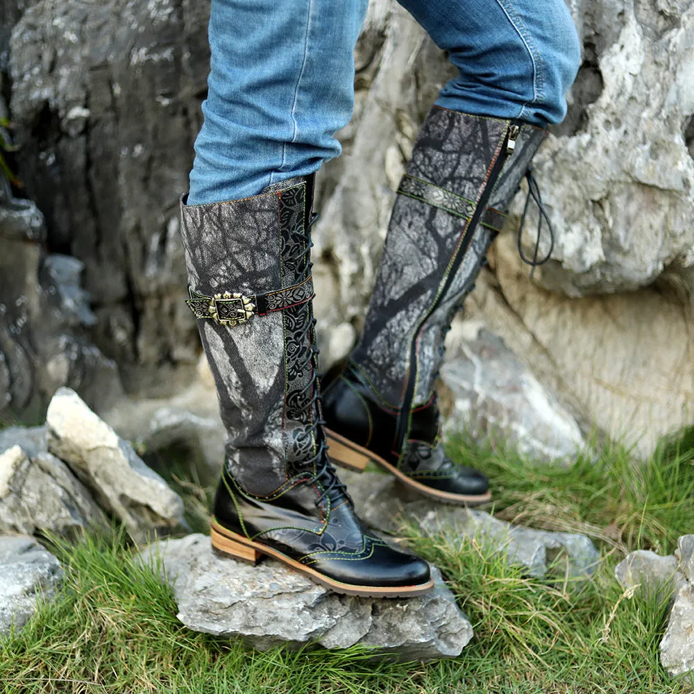 Women black flower embossed flat heel knee high motorcycle boots