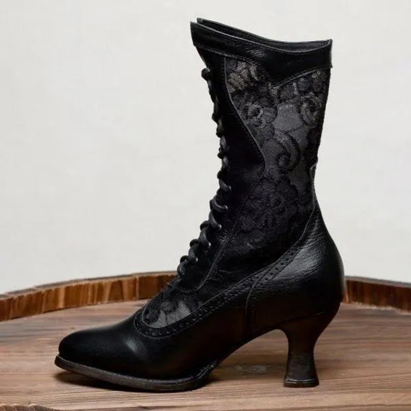 Women lace flower lace up mid calf chunky heel boots