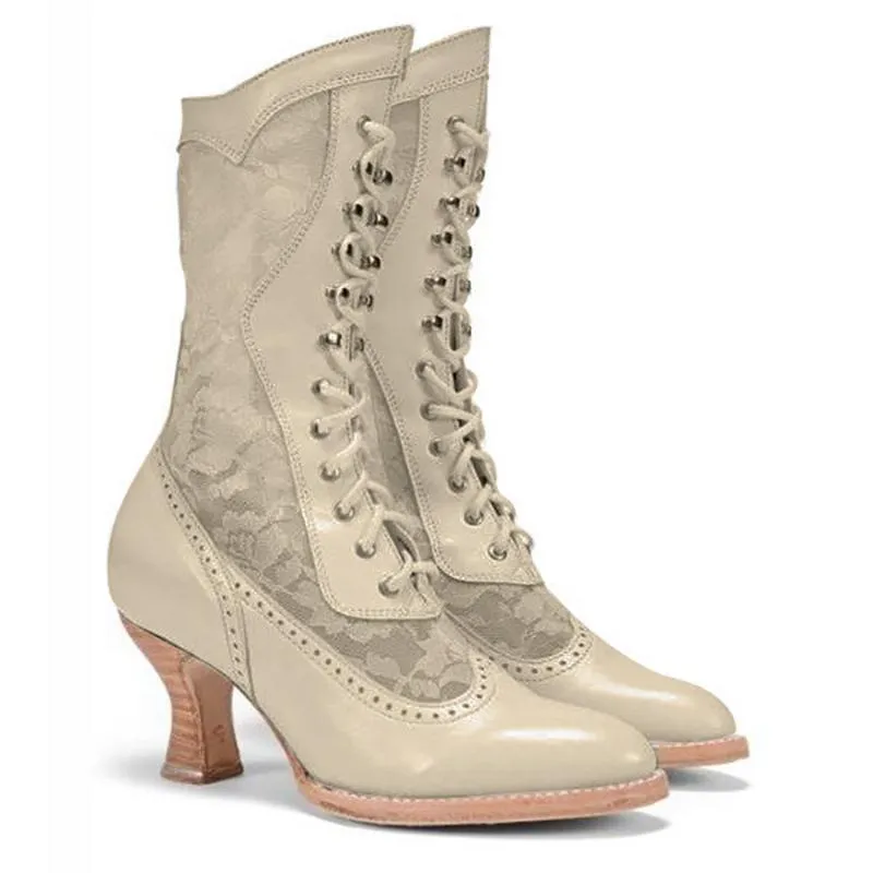 Women lace flower lace up mid calf chunky heel boots
