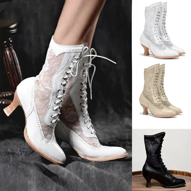 Women lace flower lace up mid calf chunky heel boots