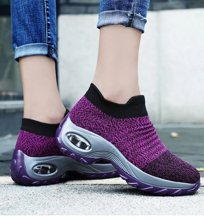 Women's knitting slip on sneakers air cushion breathable casual shoes for walking