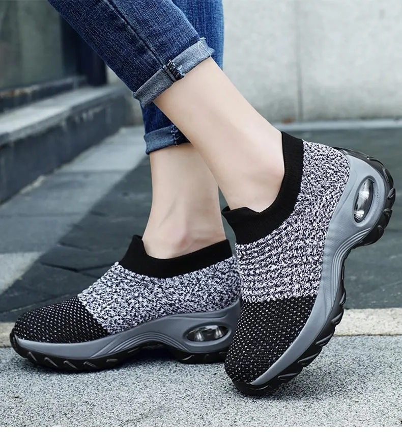 Women's knitting slip on sneakers air cushion breathable casual shoes for walking