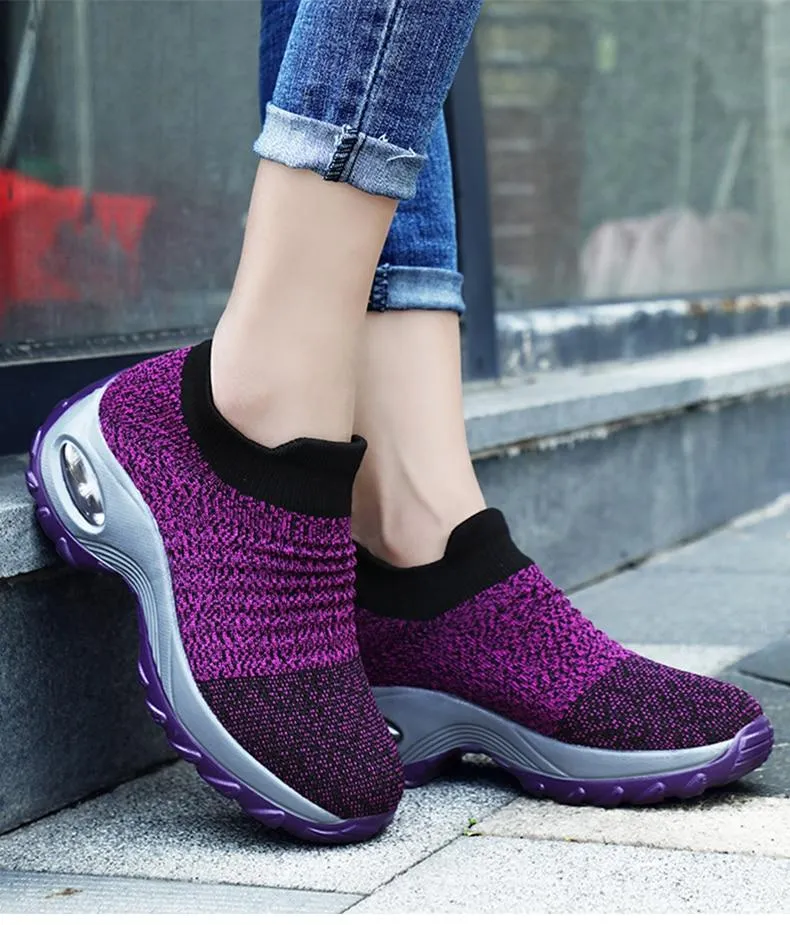 Women's knitting slip on sneakers air cushion breathable casual shoes for walking