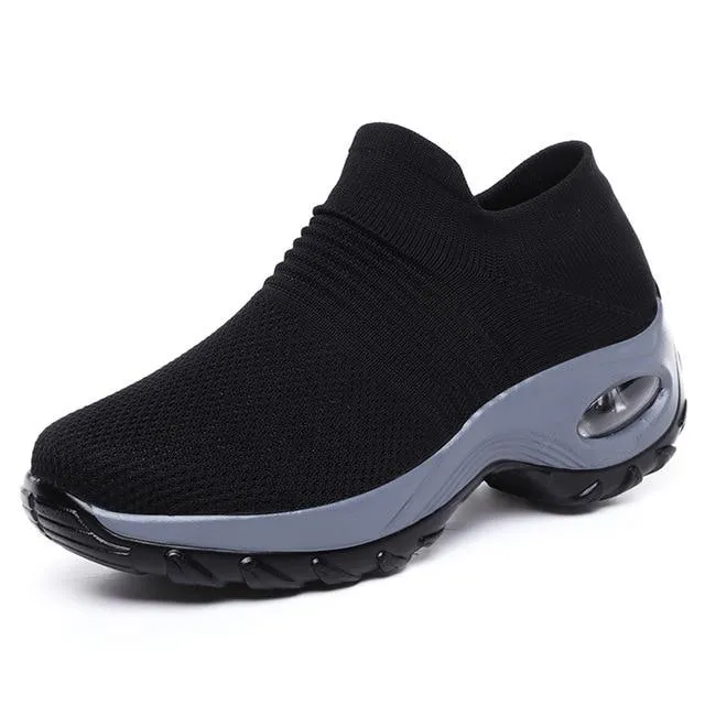 Women's knitting slip on sneakers air cushion breathable casual shoes for walking