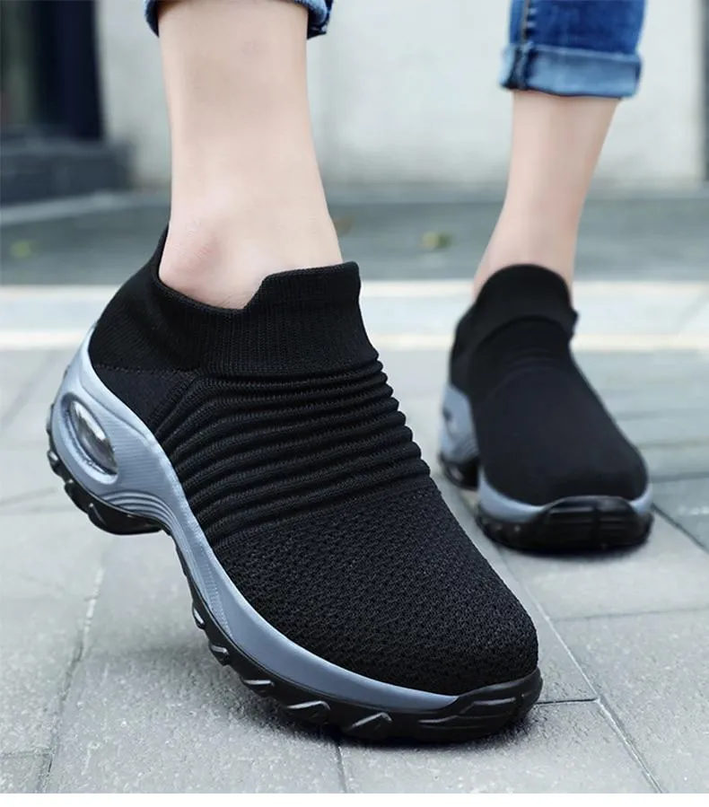 Women's knitting slip on sneakers air cushion breathable casual shoes for walking