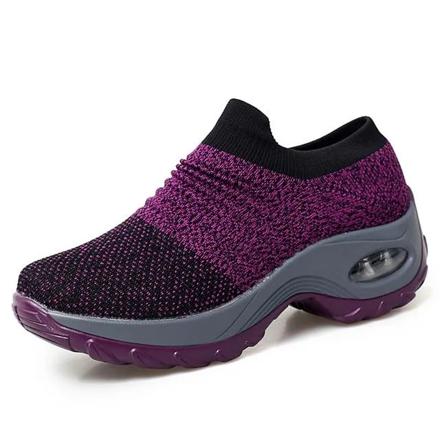 Women's knitting slip on sneakers air cushion breathable casual shoes for walking
